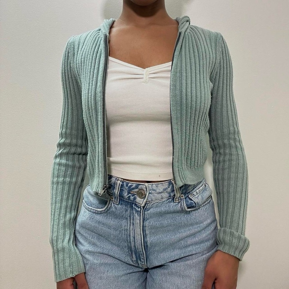 Aeropostale Cropped Ribbed Zip Up - Green